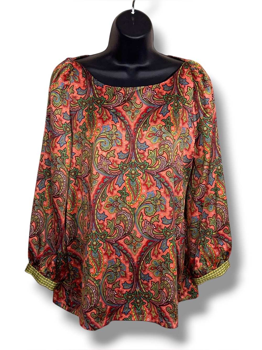 Small Ann Taylor Loft Colorful Paisley Satin Blouse Coral Orange Green Boho